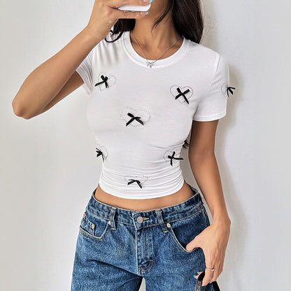 Damen Cropped T-Shirt mit Schleifenmotiv Weiß