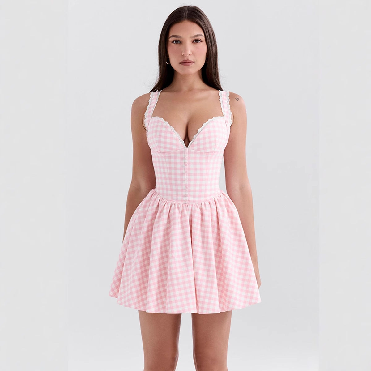 Damen Minikleid V-Schnitt Karomuster Rüschendetails
