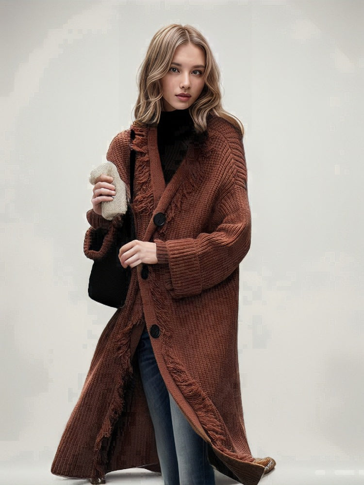 Damen Grobstrick-Cardigan mit Fransen und Knöpfen Norvielle