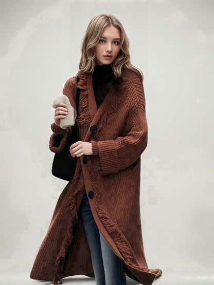 Damen Grobstrick-Cardigan mit Fransen und Knöpfen Norvielle