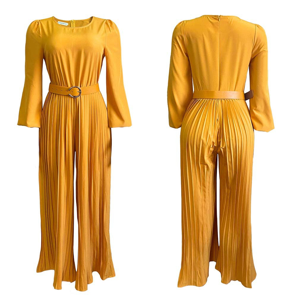 Damen Jumpsuit Plissee mit Gürtel und weiten Ärmeln Norvielle