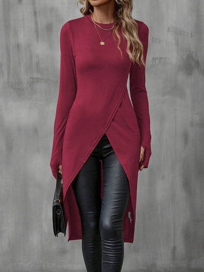 Damen Wickelkleid Langarm Asymmetrisch