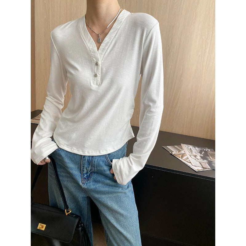 Damen Langarm Henley-Shirt Baumwolle Locker Weiß - Norvielle