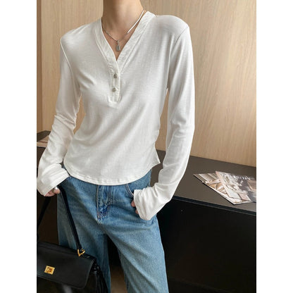 Damen Langarm Henley-Shirt Baumwolle Locker Weiß - Norvielle