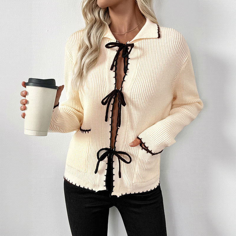 Damen Strickjacke Elegantes Design Dekoratives Bindeband Beige