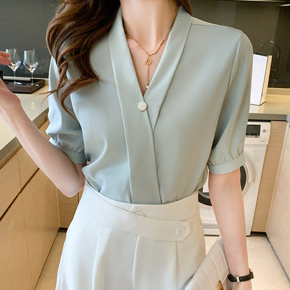 Damen Bluse V-Ausschnitt Dekorativer Knopf Norvielle