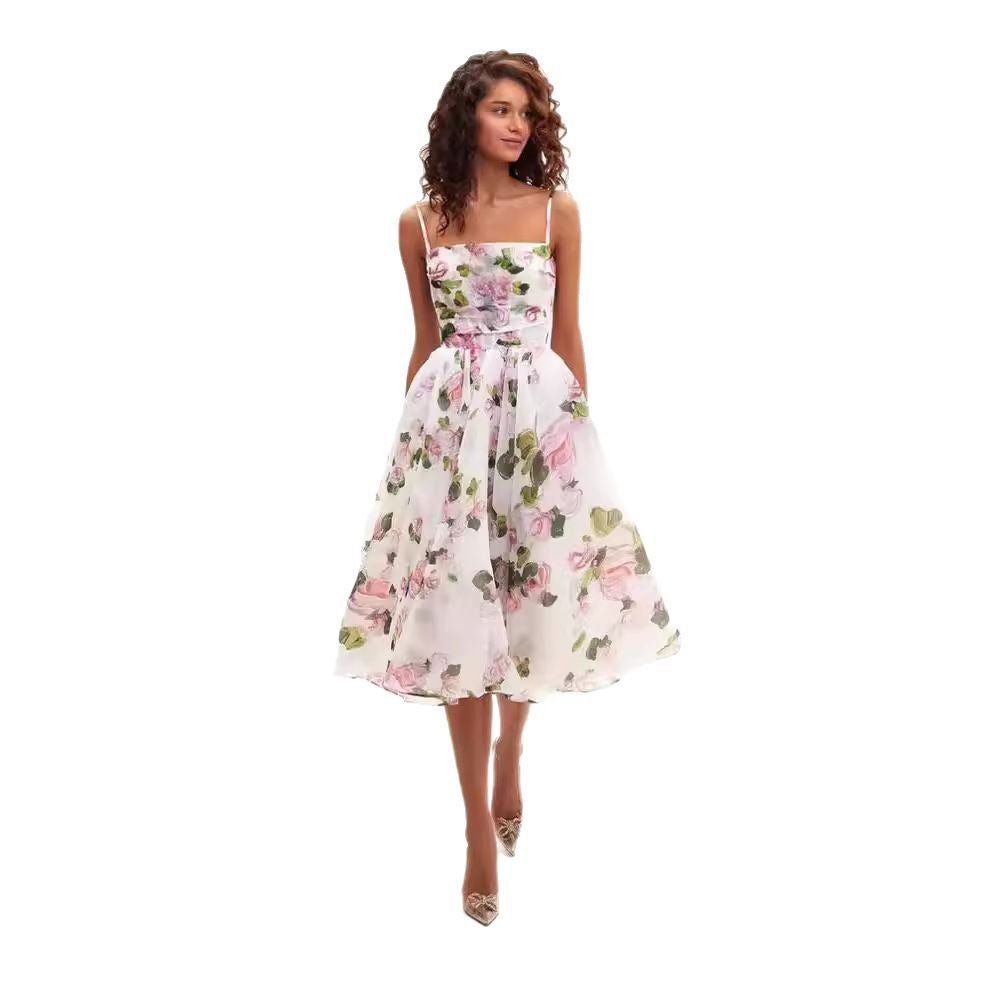 Damen Midi-Kleid Florales Chiffon Mit Taillengürtel
