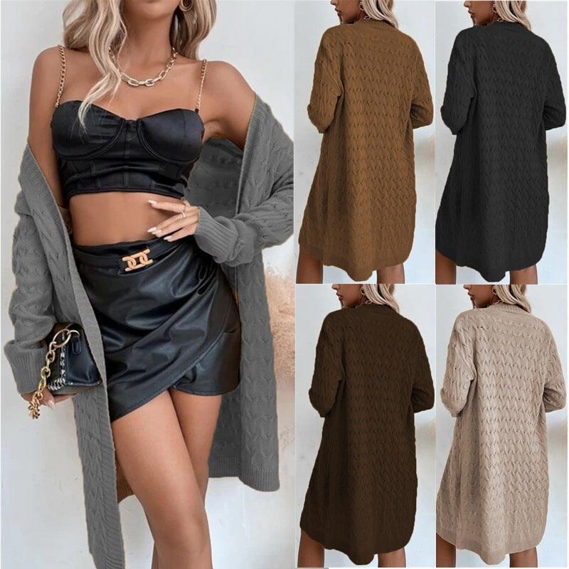 Damen Strickmantel Strukturiertes Zopfmuster Beige - Norvielle