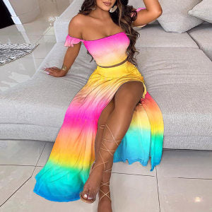 Damen Maxikleid Schulterfrei Bunt Norvielle