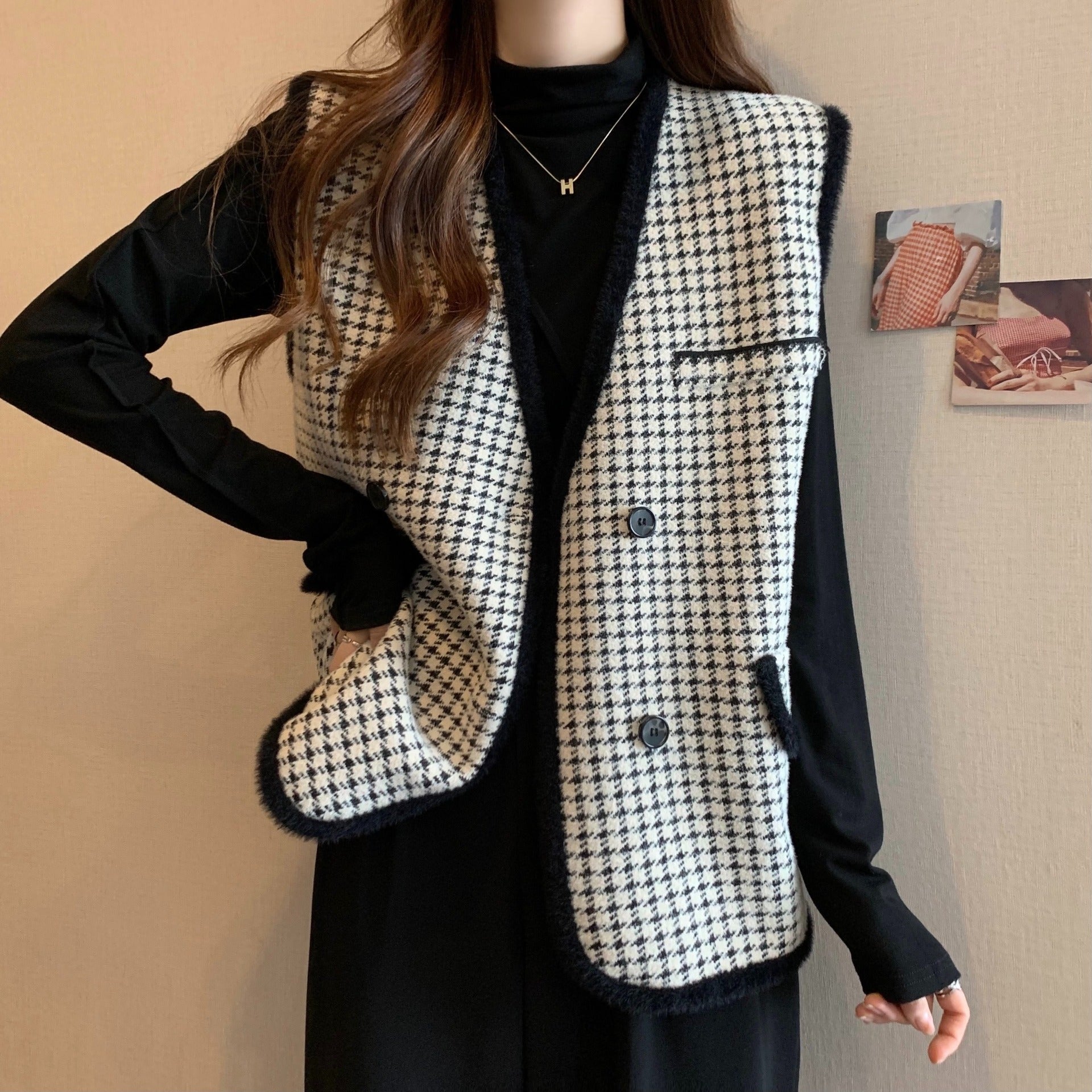Damen Strickweste Karomuster Mit Taschen Norvielle - Norvielle