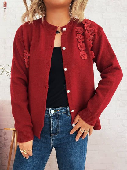 Damen Strickjacke Florale Applikationen Knopfdetails Norvielle
