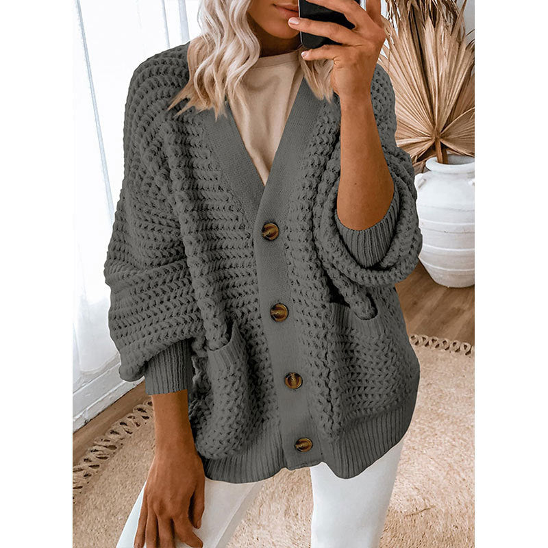 Damen Strickjacke Dickstrick Knopfverschluss Beige