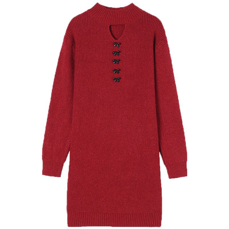 Damen Strickkleid Moderner Ausschnitt Dekorative Knöpfe Norvielle