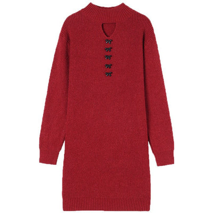 Damen Strickkleid Moderner Ausschnitt Dekorative Knöpfe Norvielle