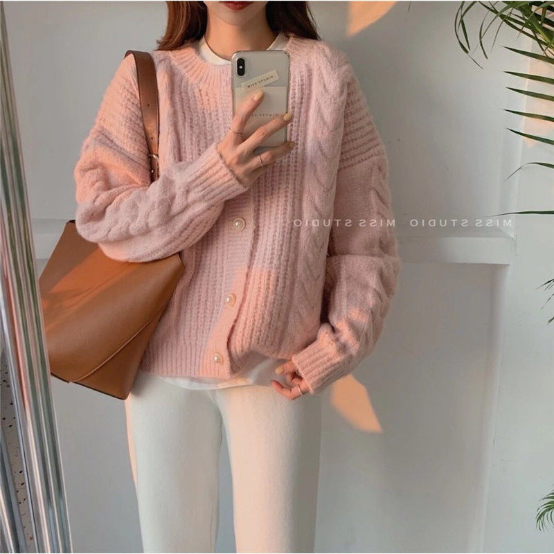 Damen Strickcardigan Kuschelig Perlenknöpfe Beige Norvielle