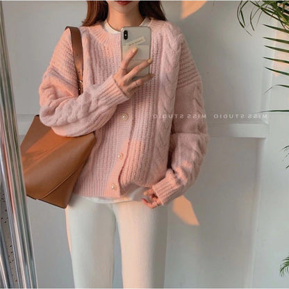 Damen Strickcardigan Kuschelig Perlenknöpfe Beige Norvielle