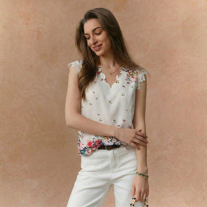 Damen Bluse Floralmuster Spitzenbesatz Norvielle - Norvielle