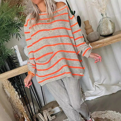 Damen Strickpullover Langer Ärmel Große Taschen Norvielle