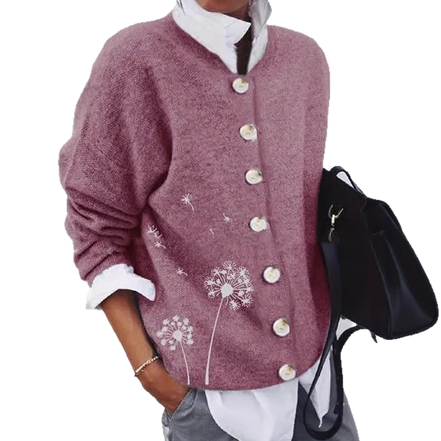Damen Strickjacke Löwenzahn Muster Knopfleiste