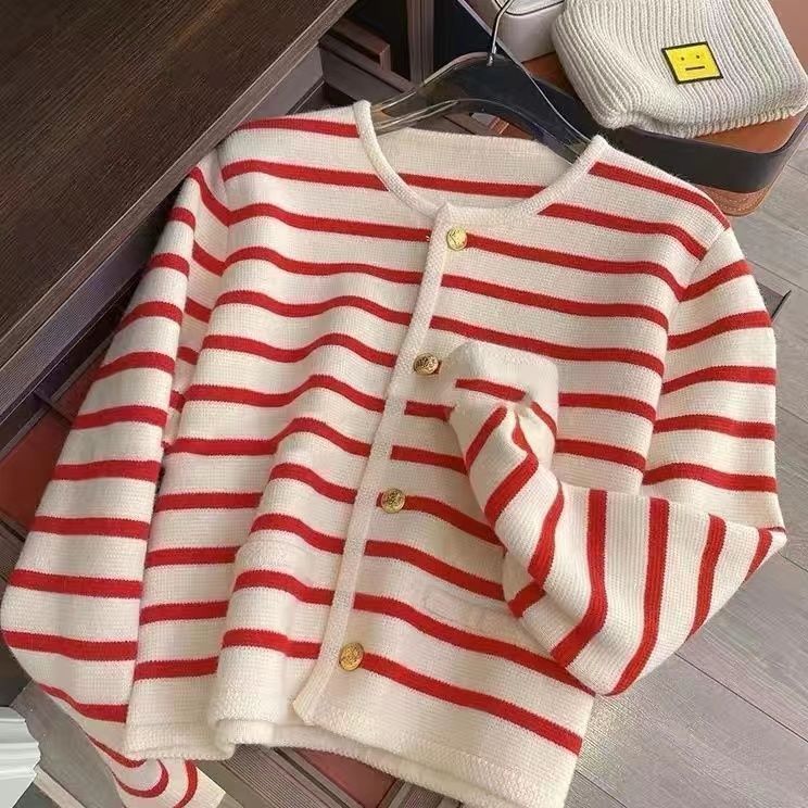 Damen Strickjacke Strukturiertes Streifenmuster Elegante Knöpfe