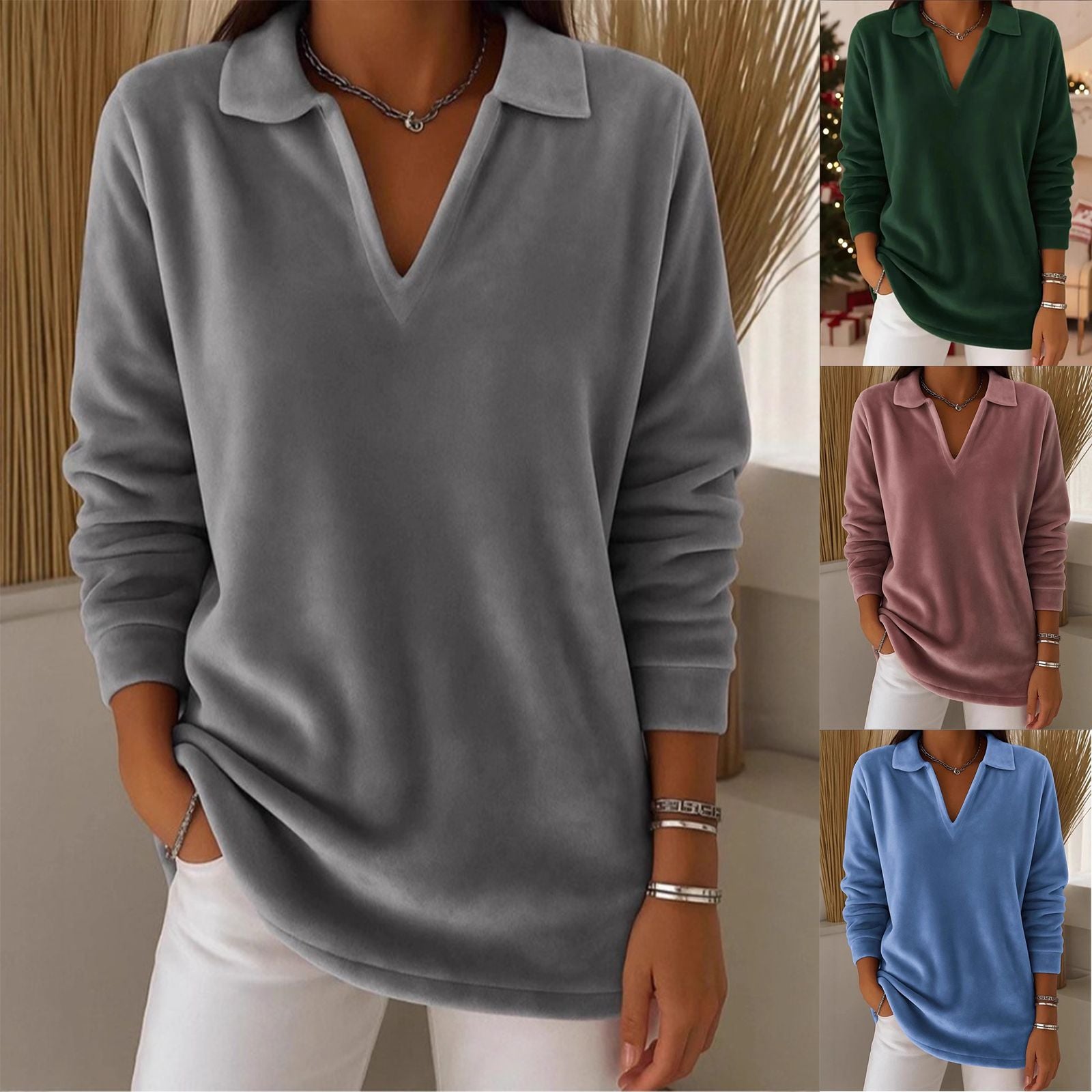 Damen Fleece Pullover V-Ausschnitt Weich Norvielle - Norvielle