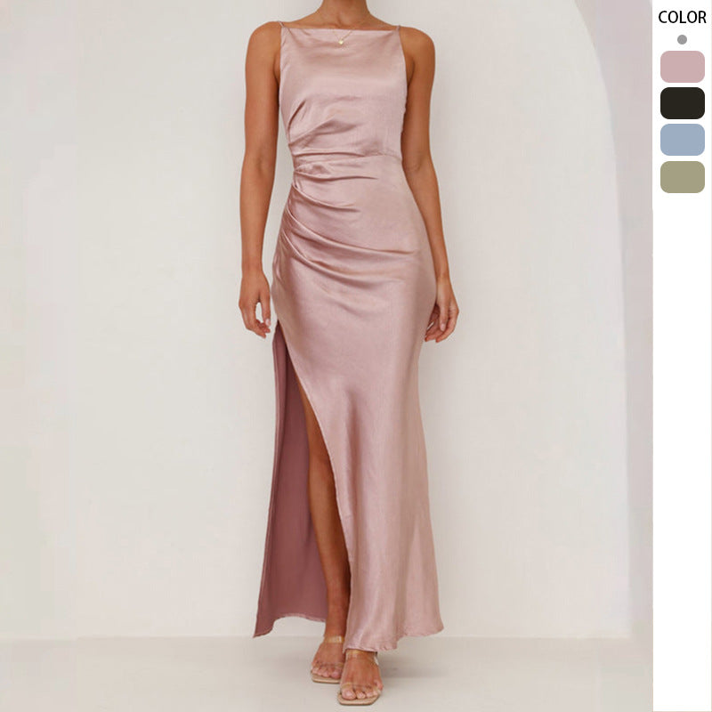 Damen Satin Maxikleid mit Raffungsausschnitt und Seitenschlitz Schwarz - Norvielle