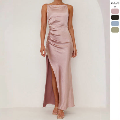 Damen Satin Maxikleid mit Raffungsausschnitt und Seitenschlitz Schwarz - Norvielle