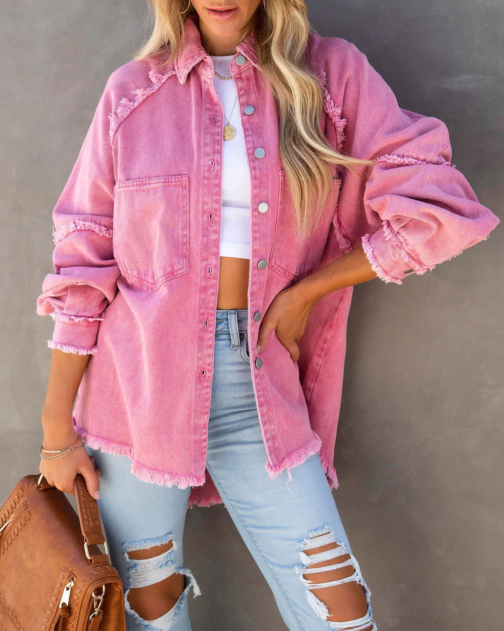 Damen Denim-Hemdjacke Oversized mit Fransen Detail