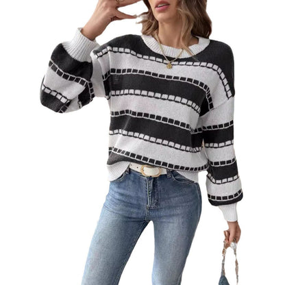 Damen Grobstrickpullover Breite Streifen Lässige Ärmel Norvielle