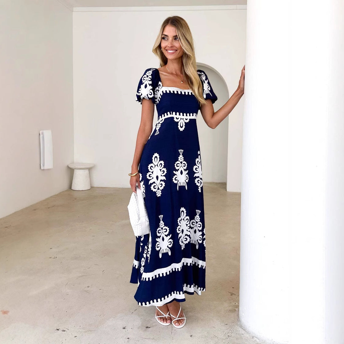Damen Maxikleid Puffärmel Grafisches Muster Norvielle