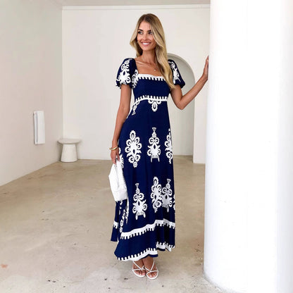 Damen Maxikleid Puffärmel Grafisches Muster Norvielle