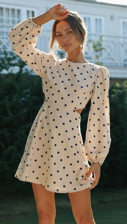 Damen Minikleid mit Polka-Dots und Voluminösen Ärmeln Tailliert