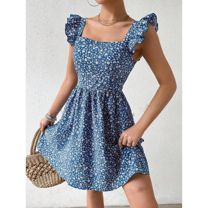 Damen Sommerkleid Rüschendetails Quadrat-Ausschnitt Norvielle