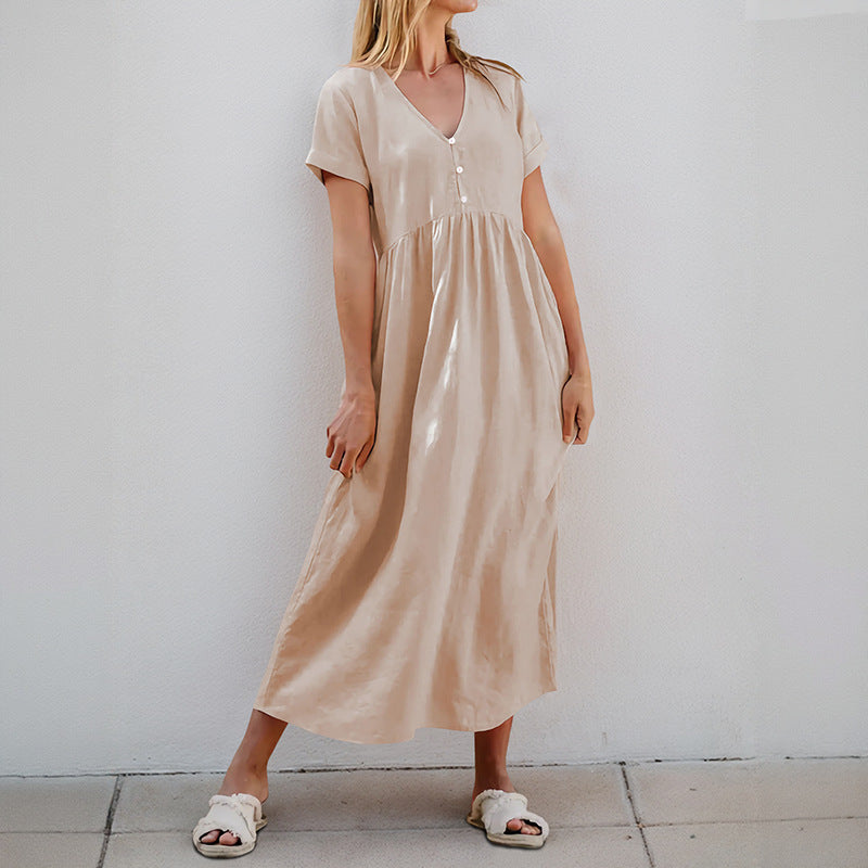 Damen Maxikleid V-Ausschnitt Dekorative Knöpfe