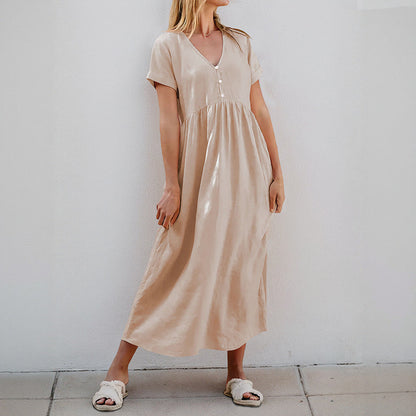 Damen Maxikleid V-Ausschnitt Dekorative Knöpfe