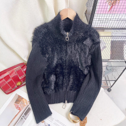 Damen Strickpullover Wärmeisolierend Hochkragen Fleece Einsätze Grau