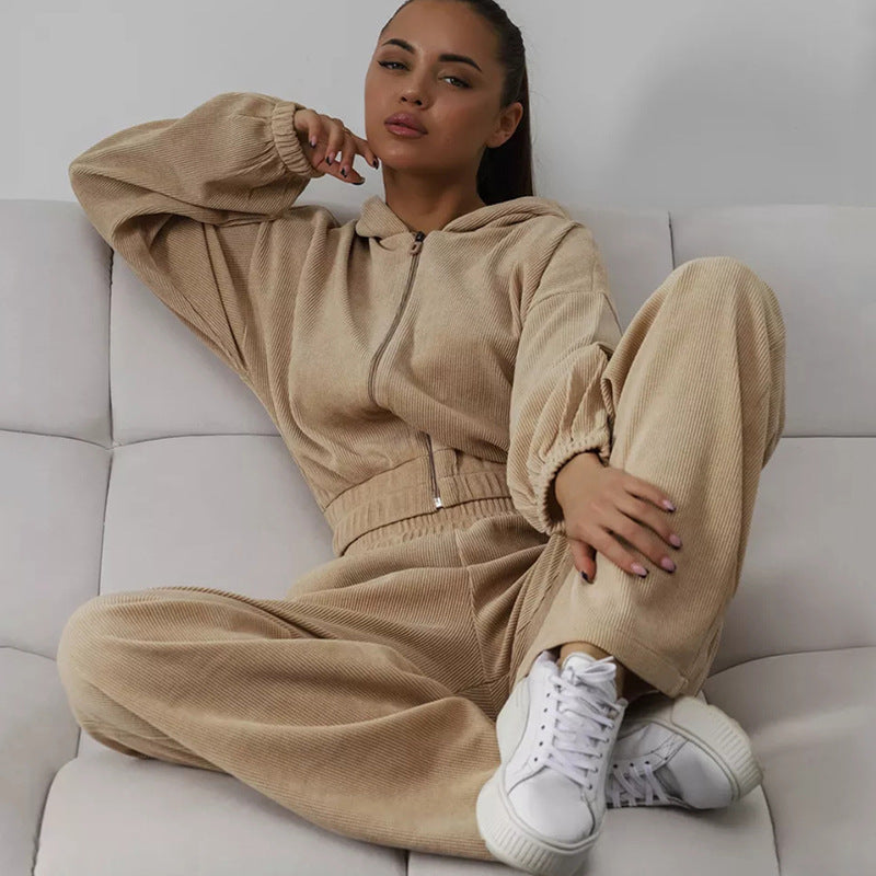 Damen Fleece Jogginganzug mit Kapuze Weite Passform Beige - Norvielle
