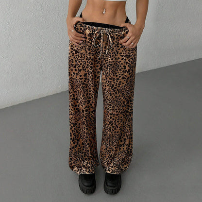 Damen Loungehosen Leopardenmuster Elastischer Bund Weite Bein