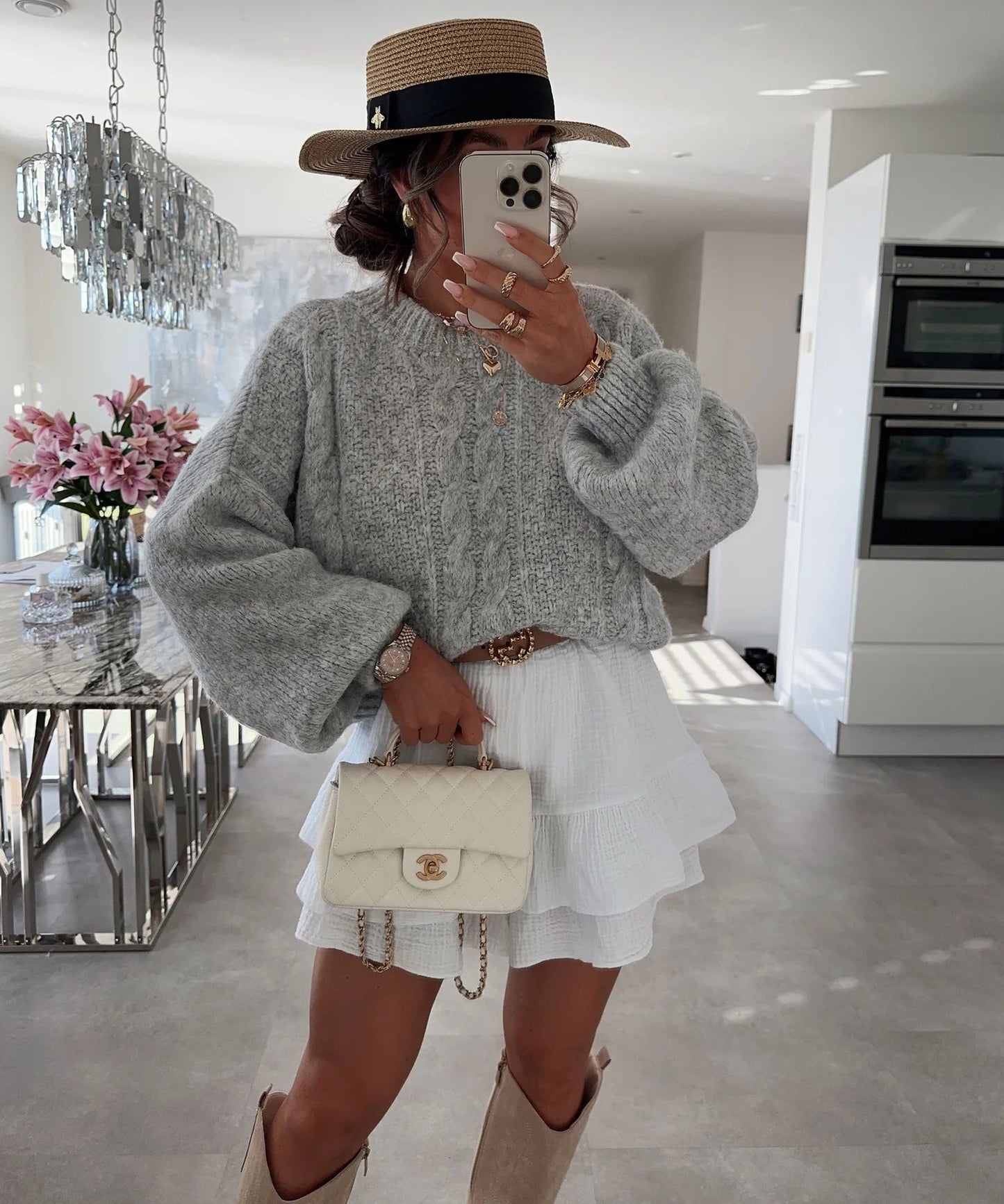 Damen Pullover Grobstrick Voluminöse Ärmel Zopfmuster Beige