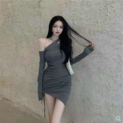 Damen Minikleid Asymmetrischer Ausschnitt Figurbetont Schwarz - Norvielle