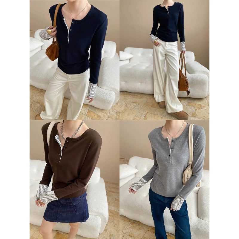 Damen Langarmshirt Gestreift Knopfverschluss Weiß