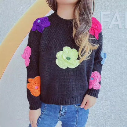 Damen Pullover Bunt Blumenapplikationen