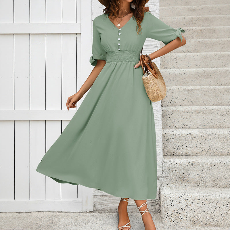Damen Maxikleid mit Taillengürtel und Knöpfen - Norvielle