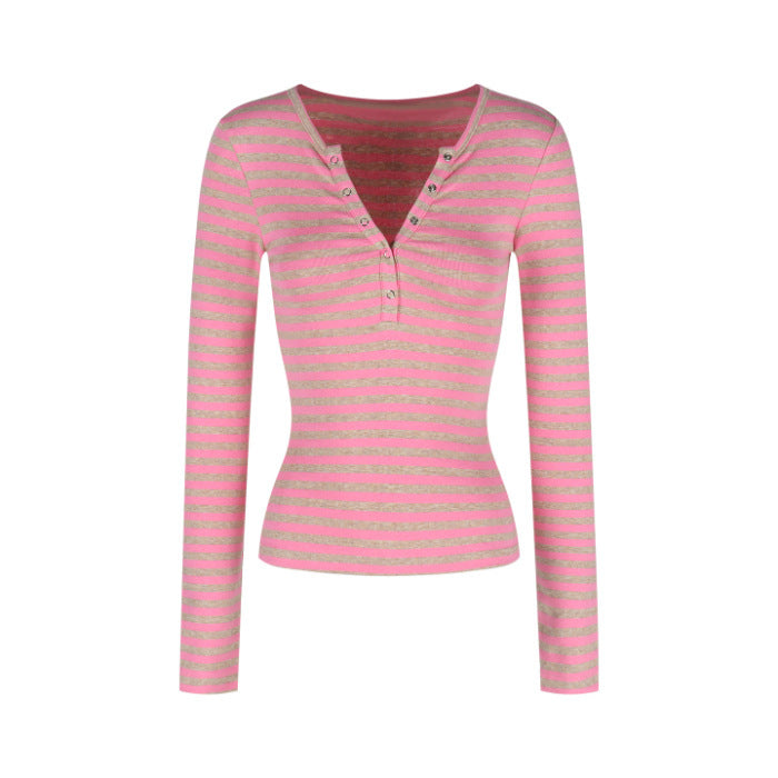 Damen Langarmshirt Streifenmuster Knopfleiste Norvielle