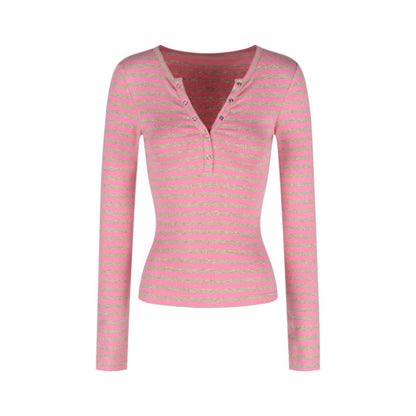 Damen Langarmshirt Streifenmuster Knopfleiste Norvielle