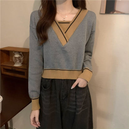 Damen V-Ausschnitt Pullover Kontrastdetails Norvielle