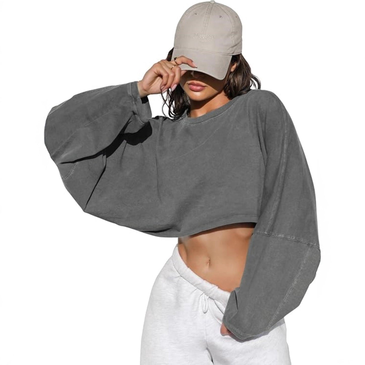 Damen Cropped Sweatshirt Voluminöse Ärmel Lässiger Schnitt Norvielle