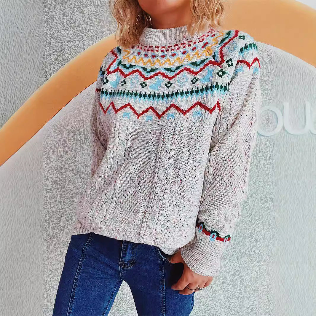 Damen Strickpullover Hochgeschlossener Kragen Grafisches Design