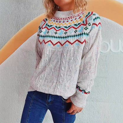Damen Strickpullover Hochgeschlossener Kragen Grafisches Design