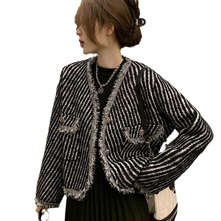 Damen Strickjacke Streifenmuster Knopfdetails Anthrazit